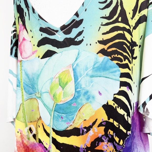 Fantazia Blouse Women Large Multicolor Floral All Over Print Cold Shoulder S/S - Picture 12 of 12